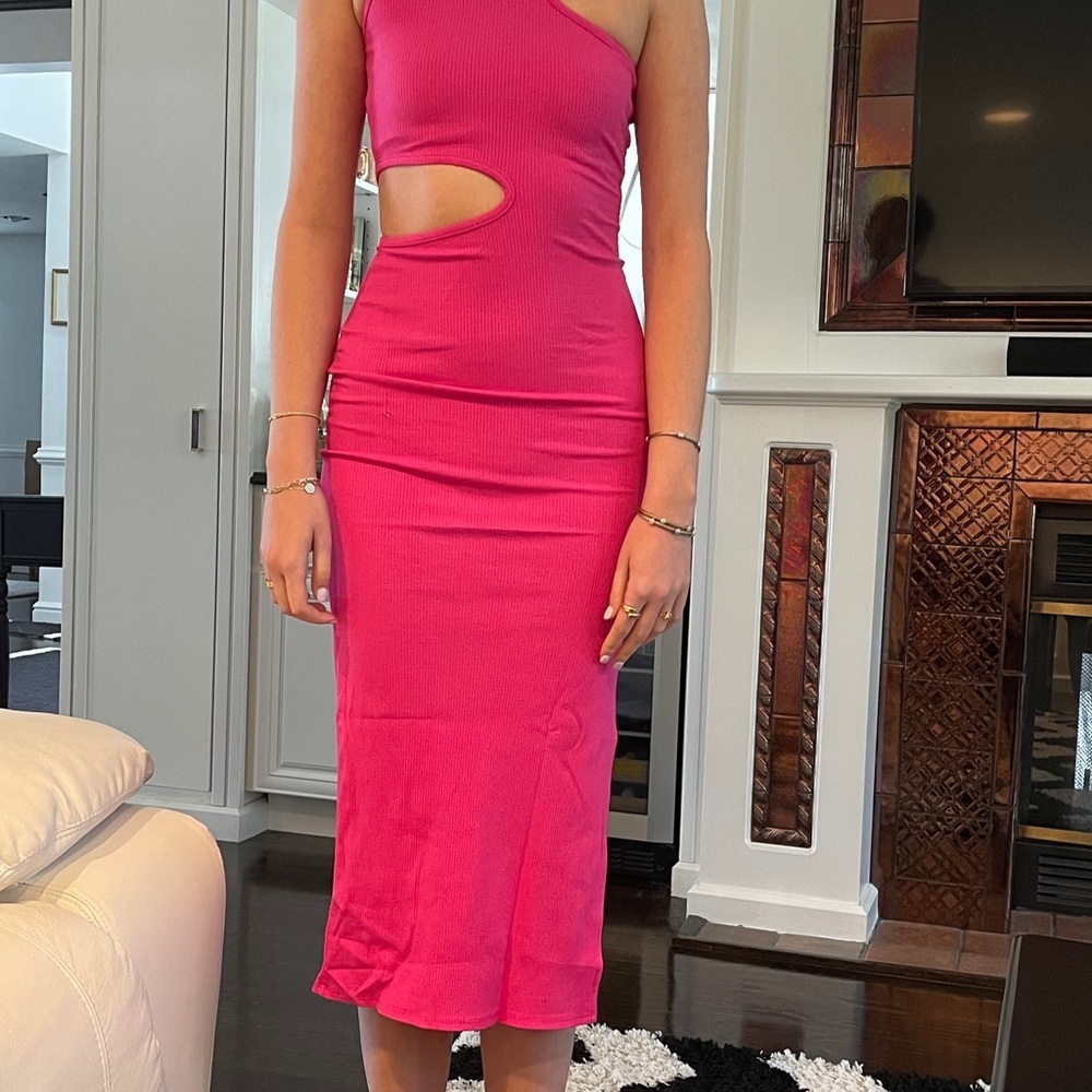 New Lulus Catching Looks Hot Pink Asymmetrical Cutout Bodycon Midi Dress - Picture 5 of 5